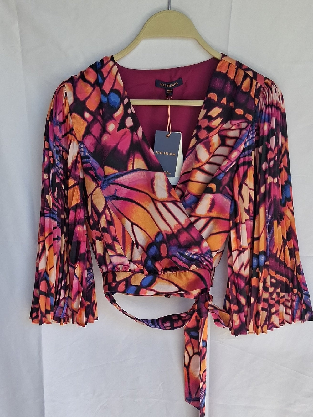 Skies Are Blue Butterflie Satin Wrap Top Orange Purple Crop Top M